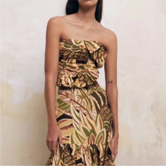 Zara Linen Blend Ruffle Ruched Strapless Top Size Small - Picture 3 of 14